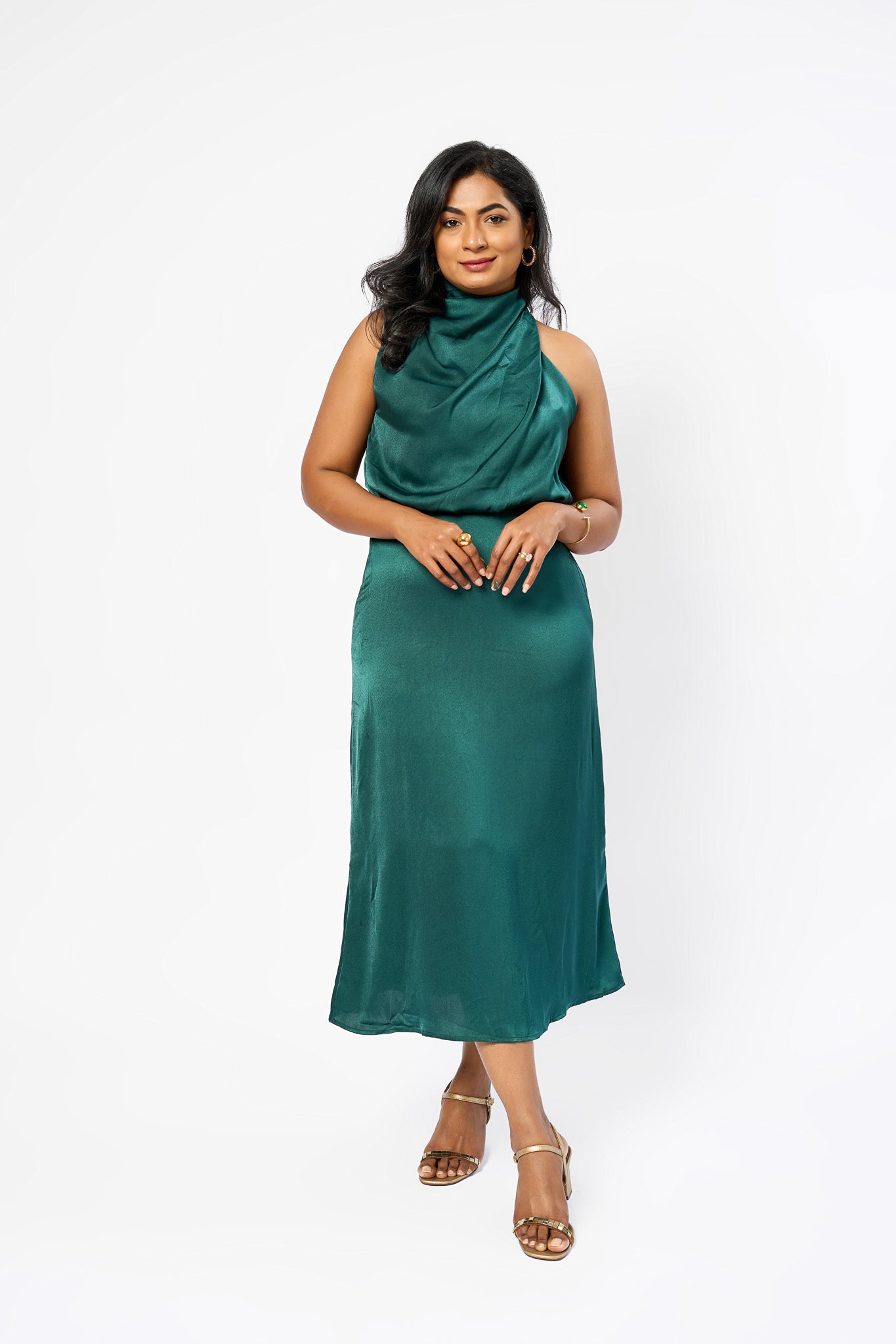 SATIN SILK SLEEVELESS COWL NECK DRESS