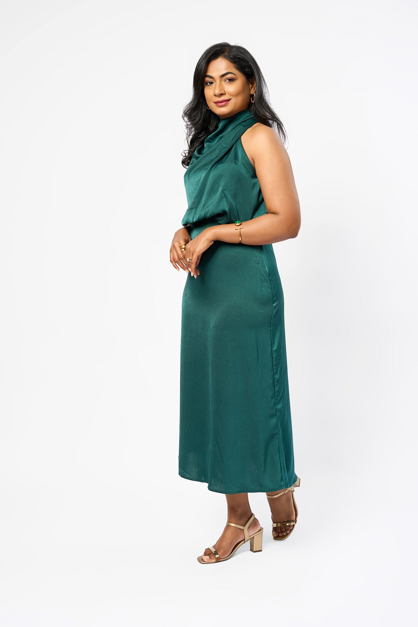 SATIN SILK SLEEVELESS COWL NECK DRESS