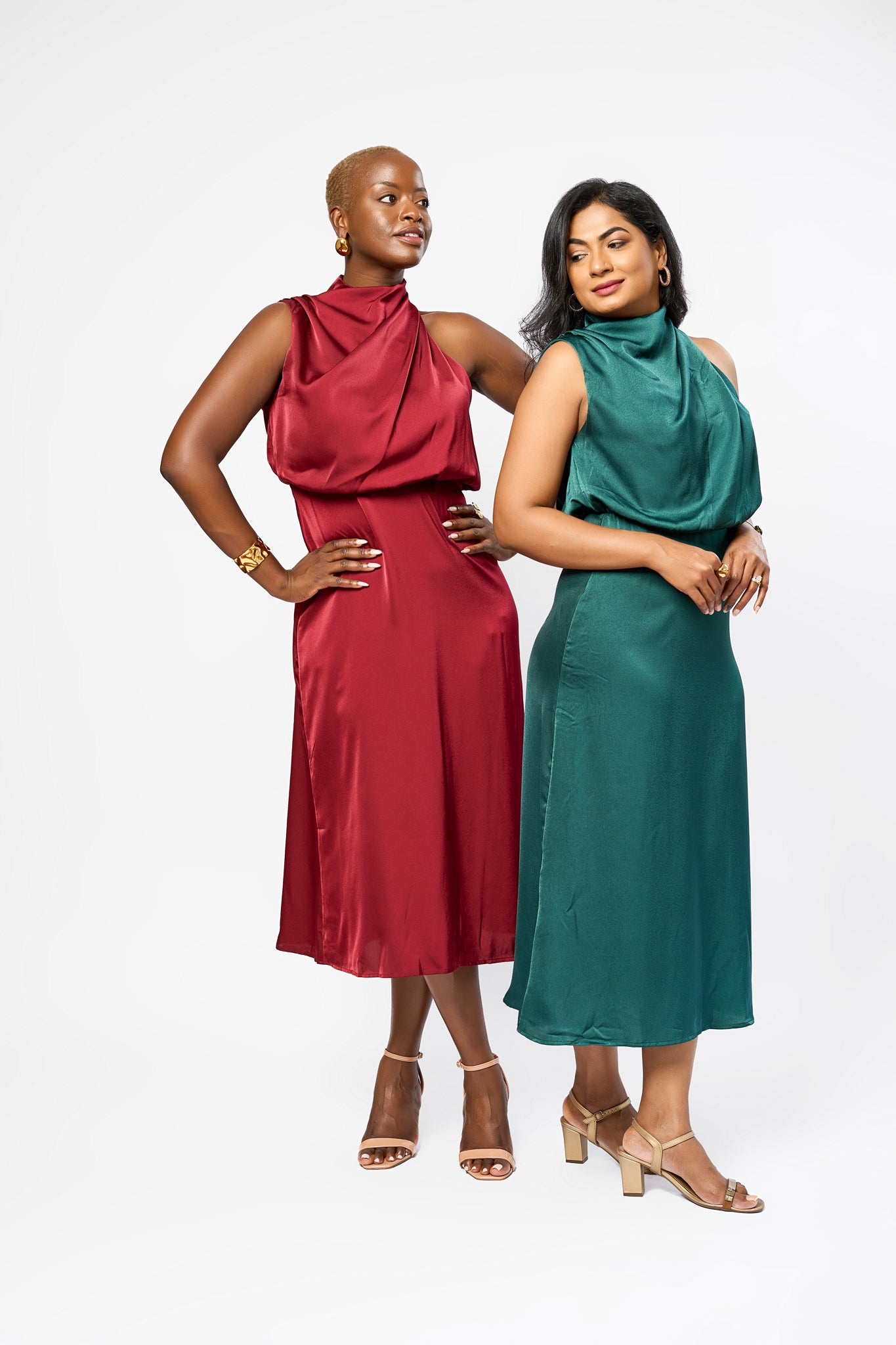 SATIN SILK SLEEVELESS COWL NECK DRESS