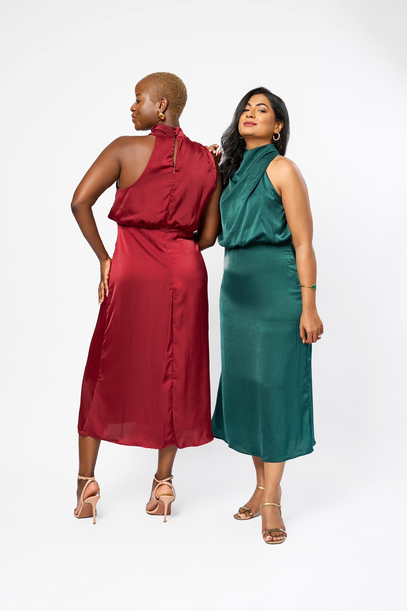 SATIN SILK SLEEVELESS COWL NECK DRESS