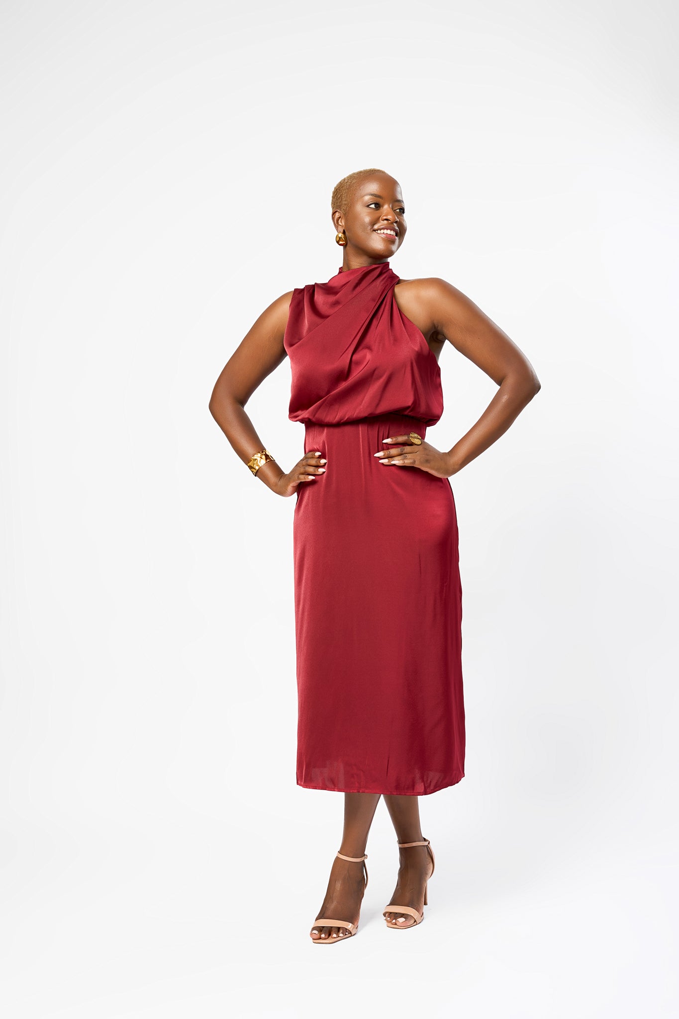 SATIN SILK SLEEVELESS COWL NECK DRESS